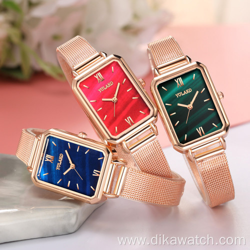 Hot Sale Luxury Ladies Wrist Watch Classic Square Green Watch Quartz Fashion Analog Mesh Stainless Steel Women Clock Relojes